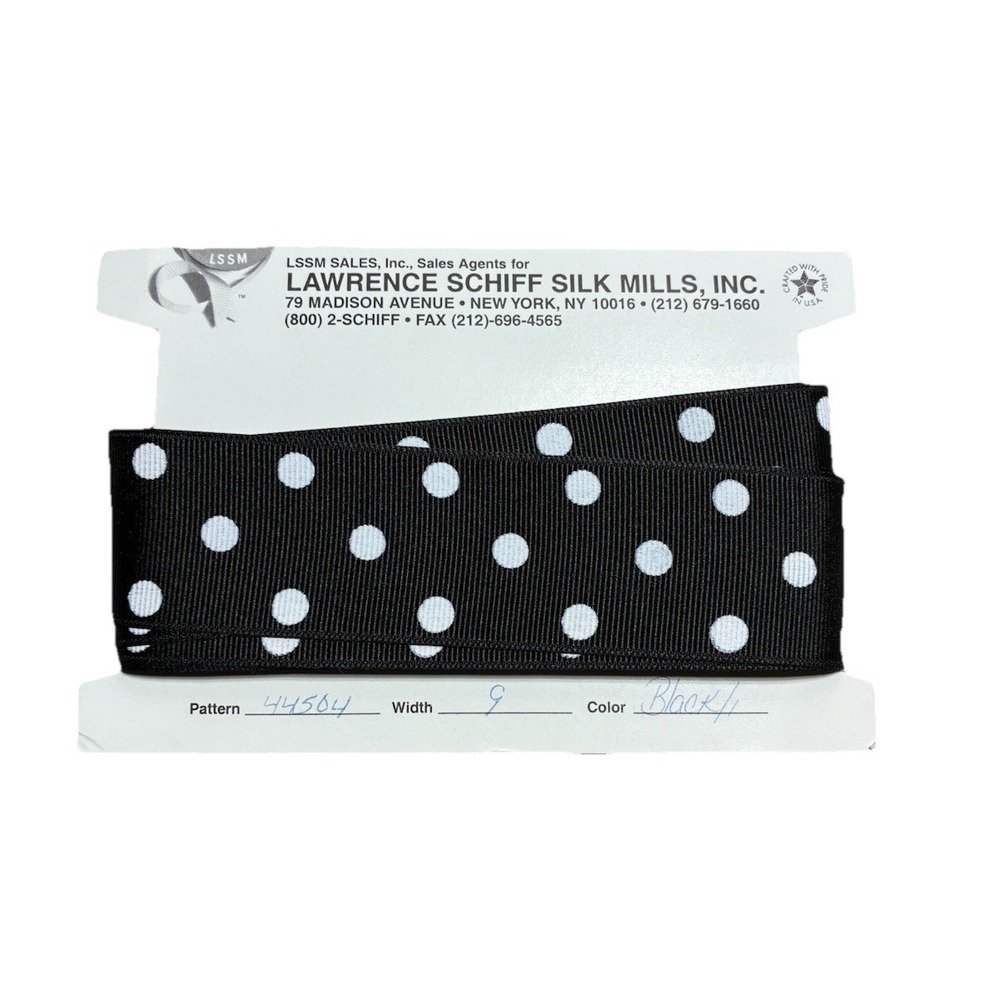 Lawrence Schiff Silk‎ Mills Ribbon Black White Polka Dot 1.5" 5 yd Made In USA
